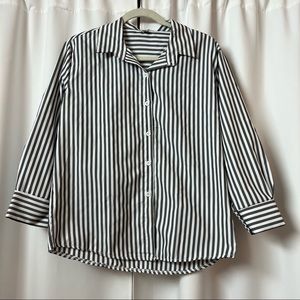 White & Grey Striped Button Up Collar Shirt Business Casual Top Work Blouse